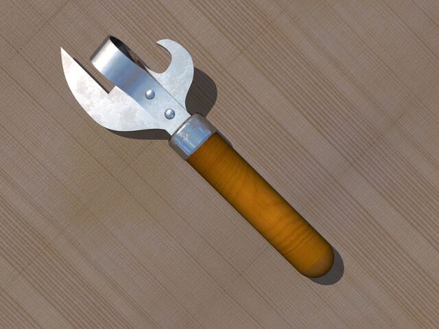 A 3D model of a hand-operated can opener with a wooden handle and metal cutting head, shown diagonally on a wood-textured surface.