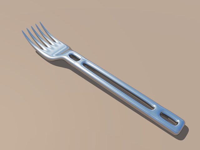 A 3D model of a polished metal fork with a cutout handle, shown diagonally on a neutral background.